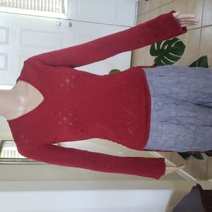 Karen Kane s blouson sleeve lasercut pattern ruched tie sides vneck ruby red